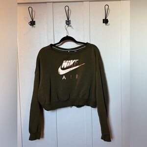 Nike Air Dark Green Women's Crew Neck Crop Sweater With Zipper Back Size Large